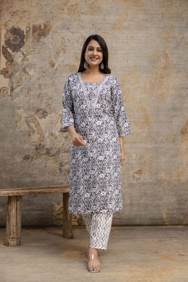 "Charming Printed Kurti with Embroidered Work, V-Neck, Printed Dupatta & Matching Printed Pants" - Image 10