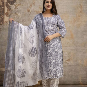 "Charming Printed Kurti with Embroidered Work, V-Neck, Printed Dupatta & Matching Printed Pants"