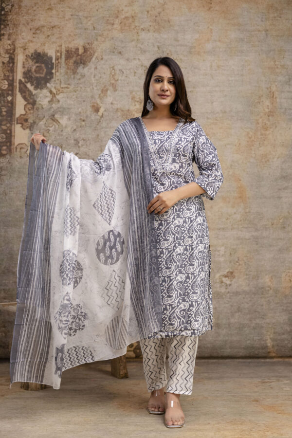 "Charming Printed Kurti with Embroidered Work, V-Neck, Printed Dupatta & Matching Printed Pants"