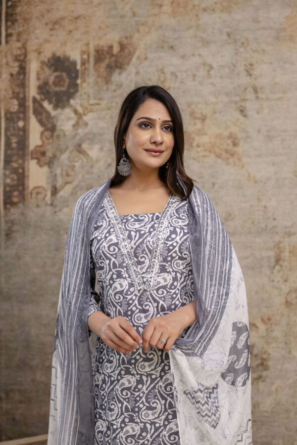 "Charming Printed Kurti with Embroidered Work, V-Neck, Printed Dupatta & Matching Printed Pants" - Image 3