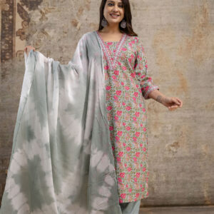 "Elegance Unfolded: Resham-Embroidered Printed Kurti with V-Neck, Dual-Toned Dupatta & Tailored Trouser Set"