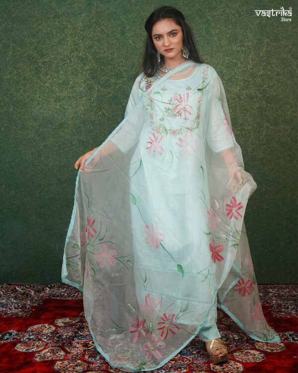 KURTI- SILK DUPATTA- ORGANZA BOTTOM- KHADI COTTON - Image 3