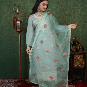 KURTI-PURE CHEKIN AMBRODRI DUPATTA-ORGANJA 4 SIDE WORK BOTTOM-PURE SENTON